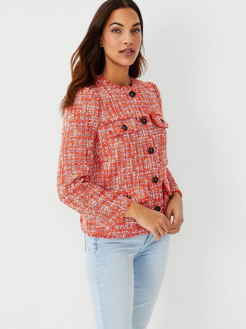 Ann Taylor Tweed Boucle Blazer Jacket Shoulder Pads Spark Orange Summer Fringe 8